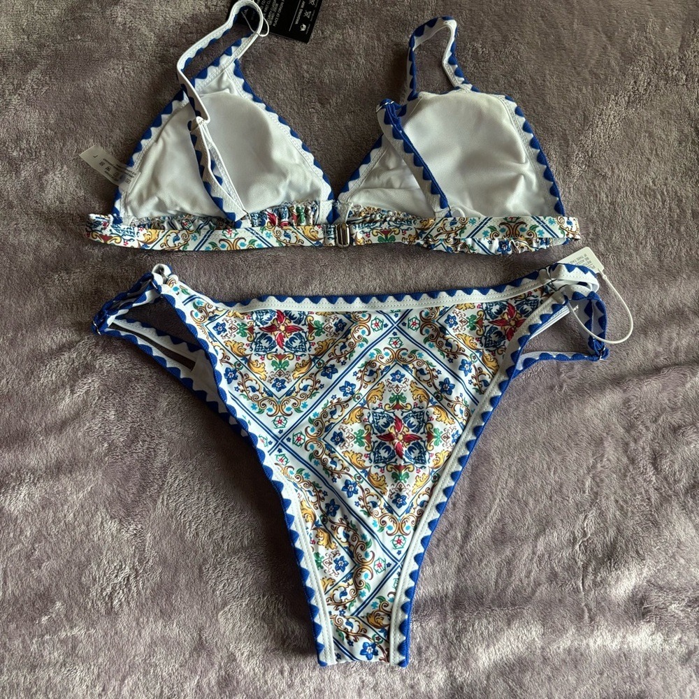 New Blue Yellow Mediterranean Tile Print Scalloped Triangle Bikini Set Large - Picture 8 of 11